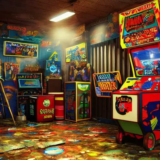 Image similar to large Mancave full of 80s toys games arcade games and wall posters Stuffy atmosphere, shadows, vintage, highly detailed, abandoned, octane render, blender, 4k
