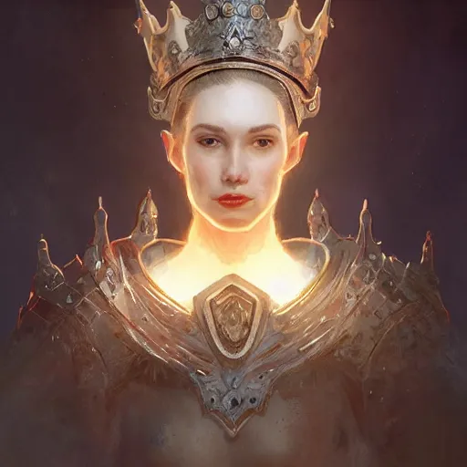 Image similar to portrait of a fantasy tall woman with black hair pale skin and a crown on her head, intricate baroque armour, glowing aura, trending on artstation, 4 k, greg rutkowski, concept art, matte painting,