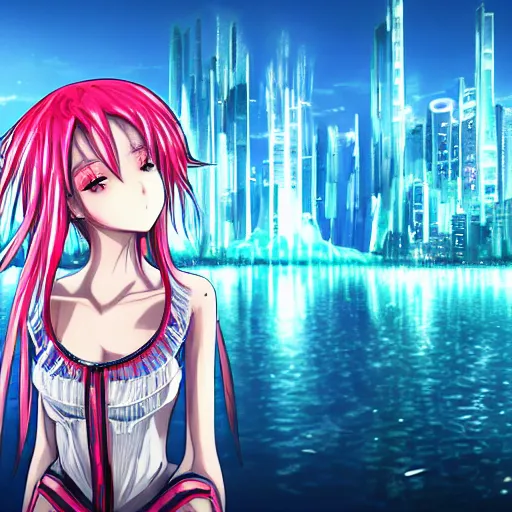 Image similar to a teenage anime android girl wearing a very high intricate detailed dress made out of water standing in a crystal clear lake with a neon lit futuristic city in the background::full body::very long black + red hair::left eye is yellow + right eye is glowing red::heterochromatic eyes::intense stare::cinematic lighting::medium shot::MCU::trending on artstation::CSP + Photoshop::WLOP + Rossdraws + James Jean + Andrei Riabovitchev + Marc Simonetti + Anastasia Ovchinnikova + Véronique Meignaud + BEN MAIER + Sakimichan
