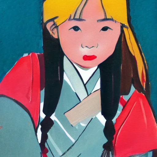 Image similar to a painting of Japanese schoolgirl, clothed, gouache