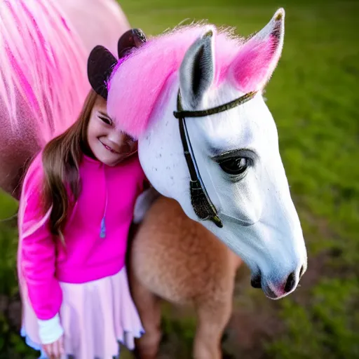 Image similar to young girl with rider boots, next to her is a pink pony, photo taken by nikon, sharp focus, highly detailed, studio lightning, 4 k