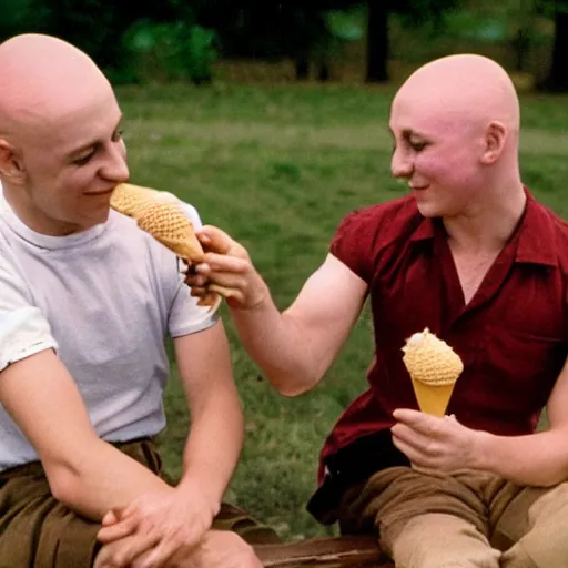 Prompt: skinheads with gently smiling eating ice cream, fashion photo by Barry Lyndon