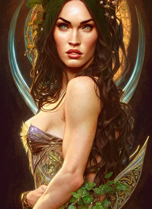 Image similar to portrait of megan fox as fairy, elves, irish, once upon a time, intricate, headshot, highly detailed, digital painting, artstation, concept art, sharp focus, cinematic lighting, illustration, art by artgerm and greg rutkowski, alphonse mucha, cgsociety