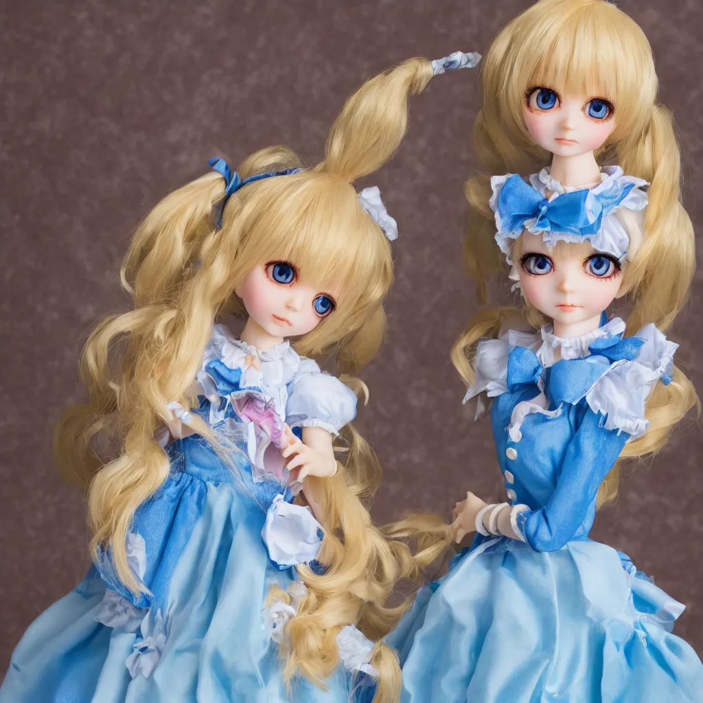 Prompt: high quality photograph of an adorable anime style ball jointed, dollfie dream doll with blonde hair, blue eyes, wearing a kawaii aesthetic alice in wonderland outfit. highly detailed, award - winning