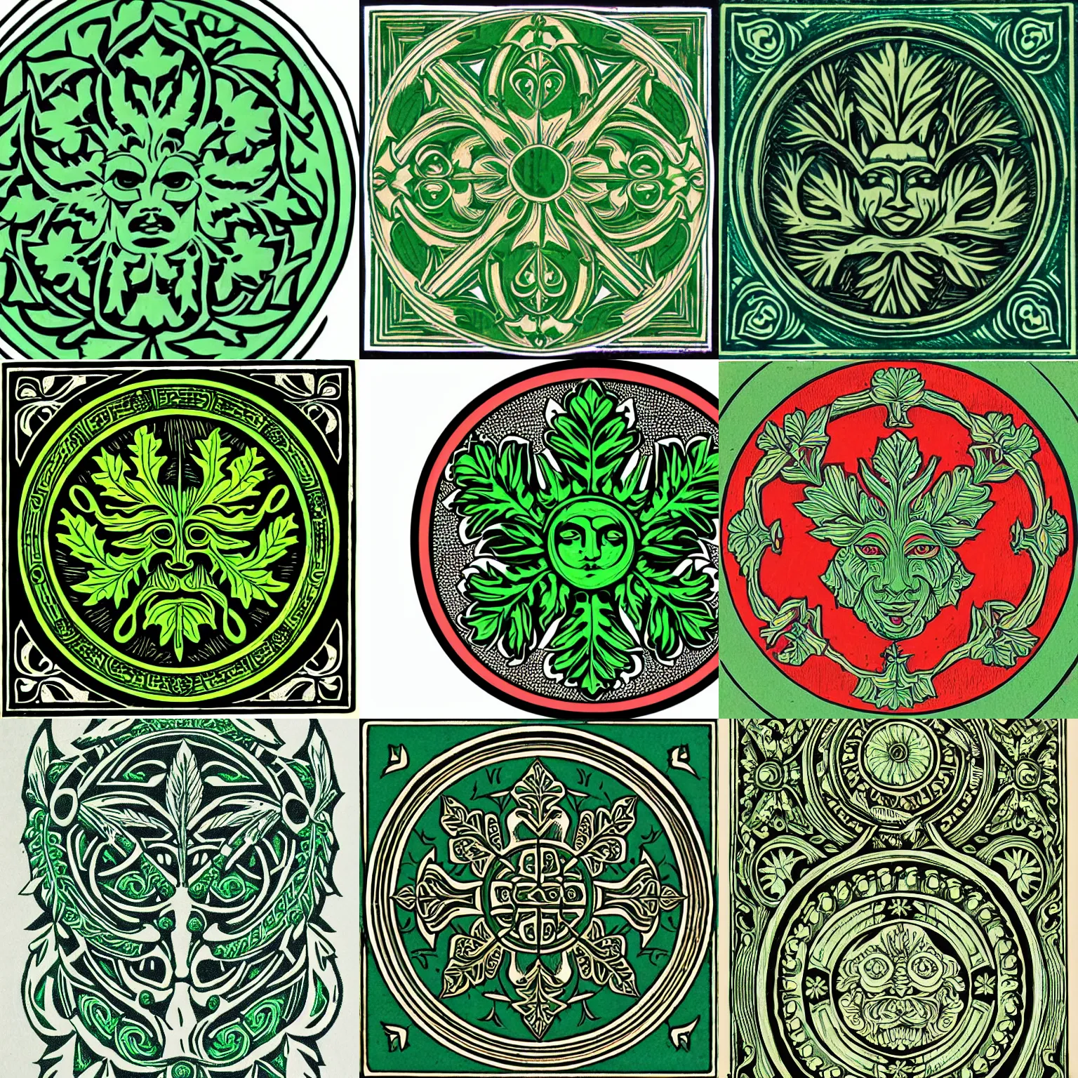 Prompt: a symmetrical green man design, coloured woodcut, roundel, highly detailed