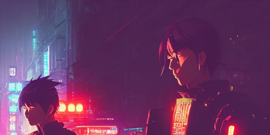 Prompt: digital illustration closeup portrait of cyberpunk samurai in city street at night by makoto shinkai, ilya kuvshinov, lois van baarle, rossdraws, basquiat | afrofuturism, in the style of hearthstone, hero pose, trending on artstation | cool color scheme