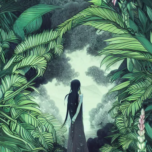 Prompt: black paper + an intricate lelabo depiction + elaborate white illustration, very detailed, deviantart, 8 k vertical wallpaper, tropical, colorful, airy, anime illustration, anime nature