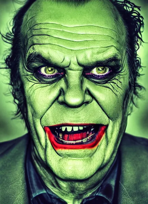 Image similar to photo of Jack Nicholson as the Joker with green hair by Lee Jeffries, head shot, detailed, award winning, Sony a7R