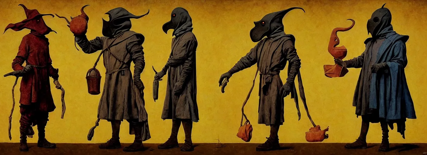 Image similar to full - body portrait surreal colorful clay fighting artstation rpg unique legendary plague doctor merchant character concept art anatomy, action pose, very coherent and colorful high contrast masterpiece by norman rockwell franz sedlacek hieronymus bosch dean ellis rene magritte gediminas pranckevicius, dark shadows, sunny day, hard lighting, reference sheet white! background