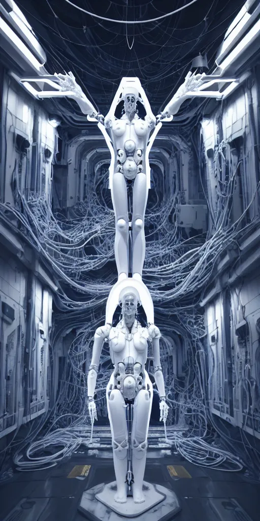 Image similar to dark high detailed space station interior a statue jesus on cross made of white marble, perfect symmetrical body, full body shot, inflateble shapes, wires, tubes, veins, jellyfish, white biomechanical details, wearing epic bionic cyborg implants, masterpiece, intricate, biopunk, vogue, highly detailed, artstation, concept art, cyberpunk, octane render