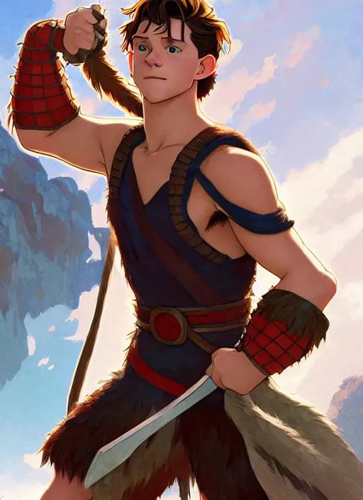 Image similar to cute tom holland wearing barbarian tunic, natural lighting, path traced, highly detailed, high quality, digital painting, by don bluth and ross tran and studio ghibli and alphonse mucha, artgerm