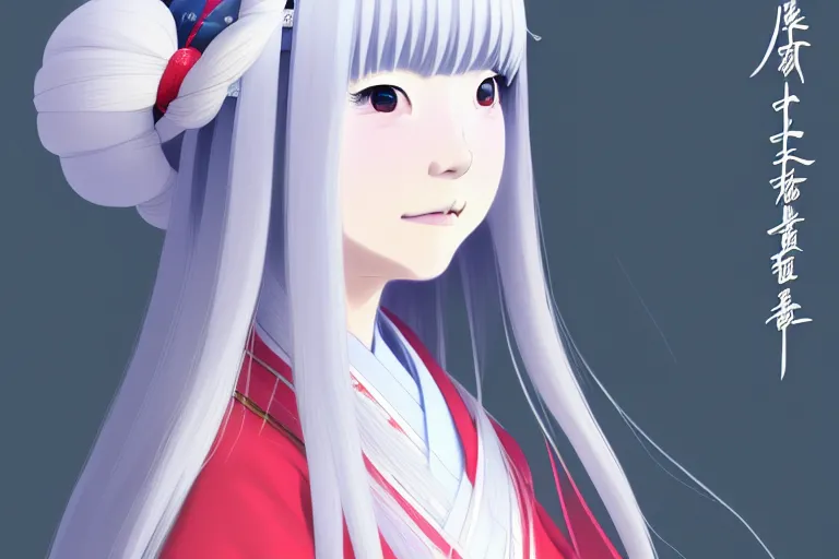 Image similar to portrait of a young japanese girl with long white hair in traditional clothing at a shinto shrine, fine detailed features, trending on pixiv fanbox, ilya kuvshinov makoto shinkai takashi takeuchi studio ghibli, akihiko yoshida, 4 k