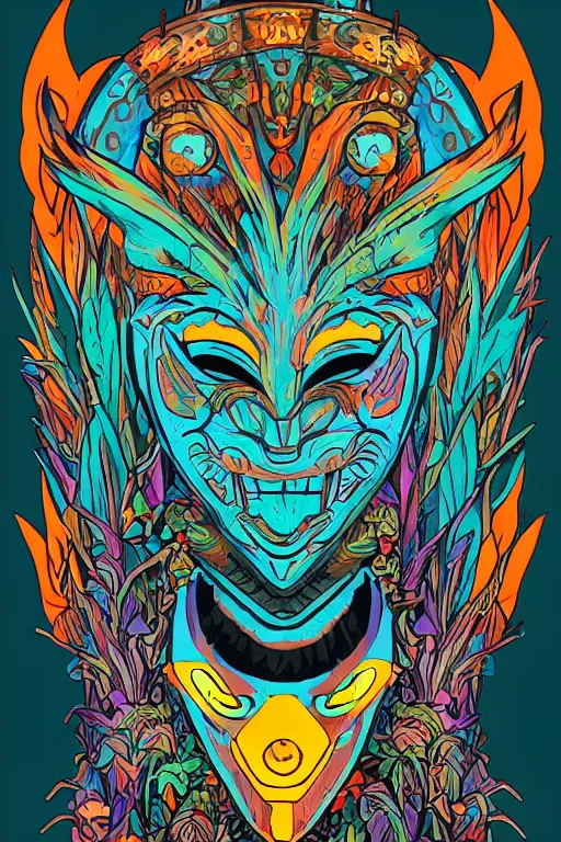 Image similar to animal mask totem roots flower tribal feather gemstone plant wood rock shaman vodoo video game vector cutout illustration vivid multicolor borderlands comics by josan gonzales and dan mumford radiating a glowing aura