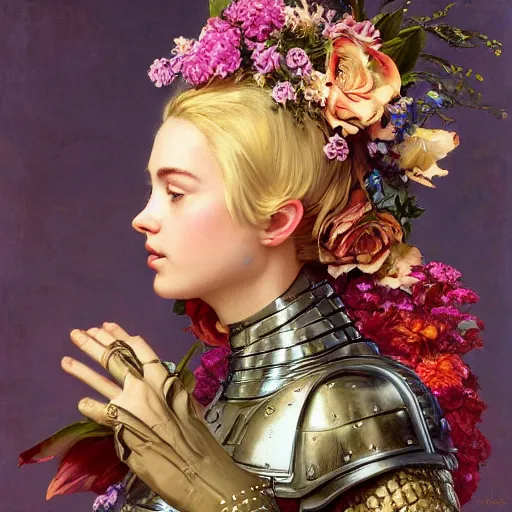 Prompt: closeup portrait of billie ellish wearing an armour costume and helmet, holding a bouquet of flowing flowers from below, hands disappeared under the bouquet of flowers, profile view, fantasy, regal, intricate, by stanley artgerm lau, greg rutkowski, thomas kinkade, alphonse mucha, loish, norman rockwell