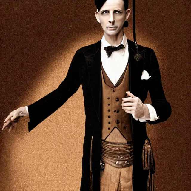 Image similar to photorealistic sepia kodachrome portrait of a 1 9 2 0 s era male magician, well dressed, long - tailed tuxedo coat, atmospheric lighting, dark, brooding, painted, intricate, ultra detailed, well composed, best on artstation, cgsociety, epic, stunning, gorgeous, intricate detail, much wow, masterpiece