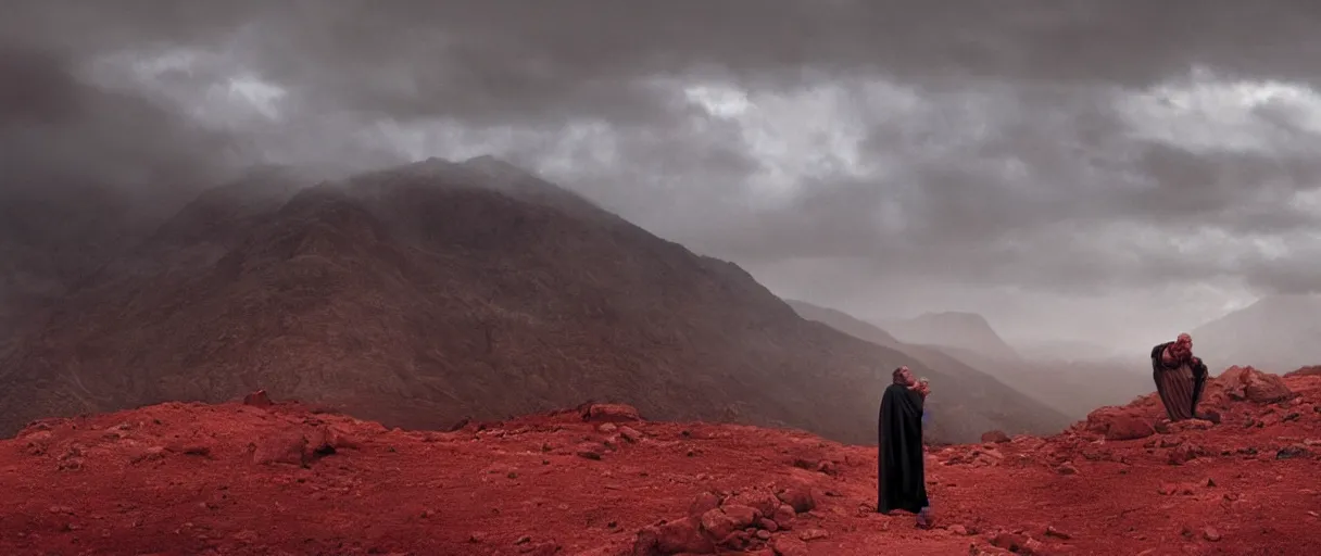 Image similar to the end is near. a tired and exhausted julius caesar somewhere in the atlas mountains. face is highly detailed. splices of red are running down his toga. mist. the soil is red. strong winds. dramatic sky. low angle wide shot. atmospheric. global illumination. octane render. imagined by jeremy lipking, greg rutkowski and eddie mendoza.