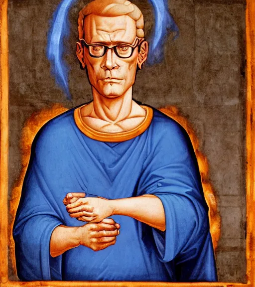 Prompt: hank hill wearing a white tshirt as the god of propane surrounded by blue fire and blue flames, renaissance religious painting, late gothic religious paintings, byzantine religious art, painting by duccio di buoninsegna and carlo crivelli, trending on artstation