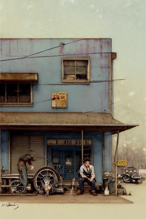 Prompt: (((((1950s small town mechanics shop with car out front. muted colors.))))) by Jean-Baptiste Monge !!!!!!!!!!!!!!!!!!!!!!!!!!!