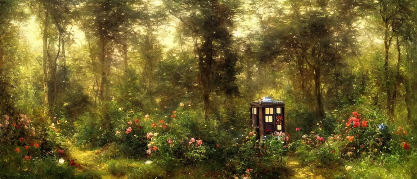 Image similar to A beautiful painting of TARDIS in the forest with flowers and trees and ferns, soft sun light by Herbert Arnould Olivier, Trending on artstation