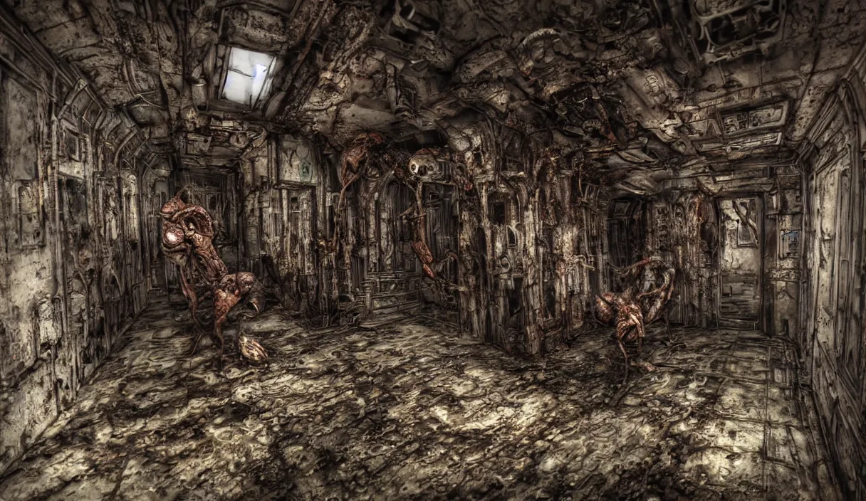 Prompt: disfigured necromorph being crawling in the spacecraft hallway, rusty and dirty interiors, highly realistic and intricate, ominous, dark surroundings