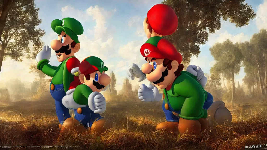 Prompt: mario and luigi are arrested for tax evasion eugene von guerard, ivan shishkin, dramatic lighting, concept art, trending on artstation, 8 k