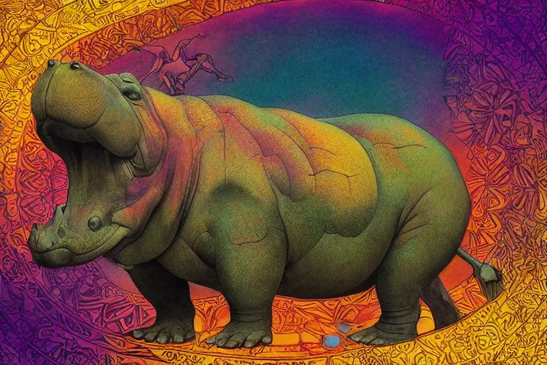 Prompt: beautiful mechanical hippopotamus by maxfield parrish, mandala, coherent design, symmetrical, vivid colors, digital watercolor ink illustration painting, complementary color, golden ratio, detailed, sharp lines, sharp focus, intricate, rainbowshift, artgerm, gustave dore, alphonse mucha, octane render