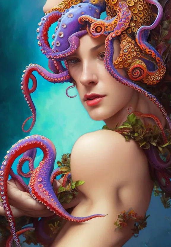 Image similar to close up of a beautiful woman wearing a colourful octopus as a hat, fantasy, intricate, elegant, highly detailed, digital painting, artstation, concept art, smooth, 8 k, sharp focus, illustration, art by artgerm and greg rutkowski and alphonse mucha