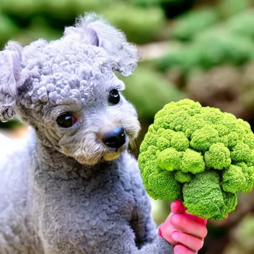 Prompt: an old grey hairless cute toy poodle eats broccoli