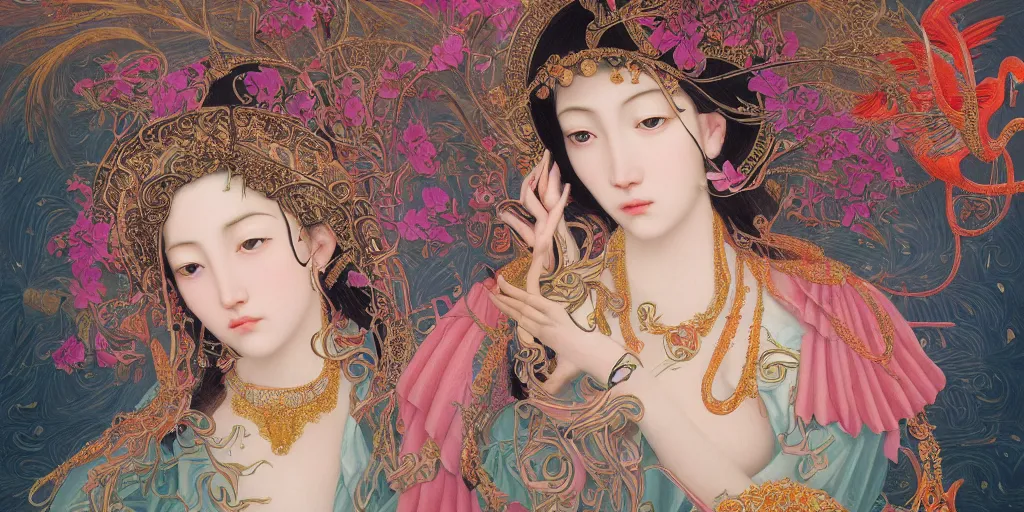 Image similar to breathtaking detailed concept art painting of the goddess of flamingo, orthodox saint, with anxious, piercing eyes, ornate background, amalgamation of leaves and flowers, by Hsiao-Ron Cheng and John James Audubon, extremely moody lighting, 8K