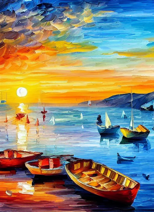 Image similar to beautiful seaside greek village and boats at sunset in the style of leonid afremov