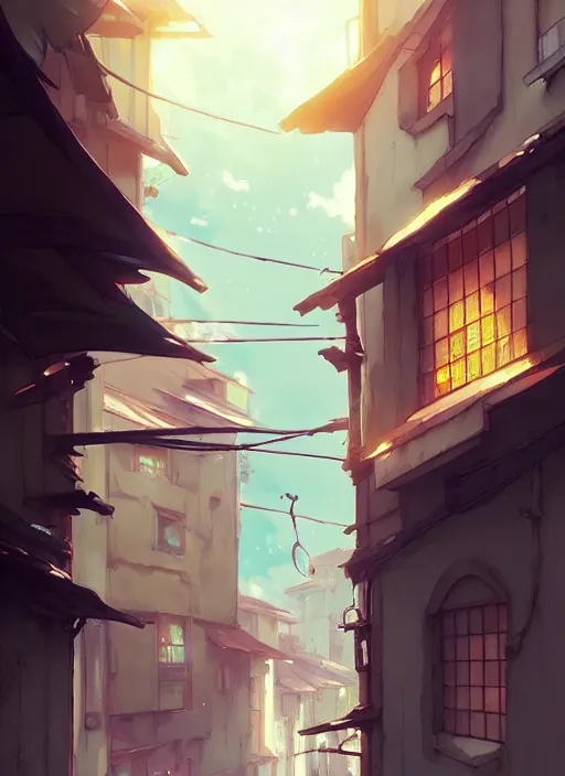 Image similar to 2 face - to - face window above a narrow street. illustration concept art anime key visual trending pixiv fanbox by wlop and greg rutkowski and makoto shinkai and studio ghibli