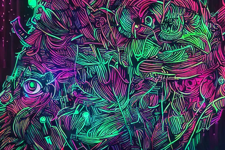 Image similar to neon jungle on black canvas, detailed illustration, artstation