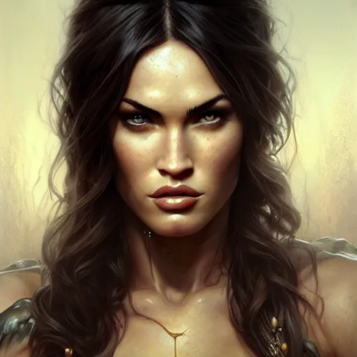 Prompt: portrait of megan fox, muscular upper body, greek, jewelry, fantasy, intricate, elegant, highly detailed, digital painting, artstation, concept art, matte, sharp focus, illustration, art by aenaluck and roberto ferri and greg rutkowski, epic fantasy, digital painting