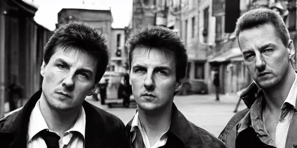 Prompt: close view headshot portrait of a pair alexandr zembatov and mikhail alontsev, tall and small, posing on a street in gangsta comedy of 1990s, movie shot, Edward Norton, Tom Cruise, Lock, Stock and Two Smoking Barrels