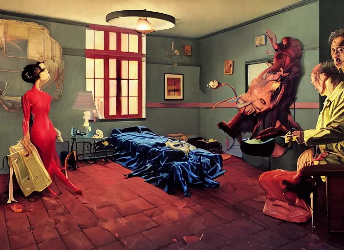 Prompt: a still from the tv series house by francis bacon, surreal forest, norman rockwell and james jean, greg hildebrandt, and mark brooks, triadic color scheme, by greg rutkowski, in the style of francis bacon and syd mead and edward hopper and norman rockwell and beksinski, dark surrealism, open ceiling
