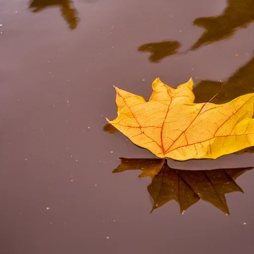 Image similar to close - up of a yellow maple leaf floating on top of a pond