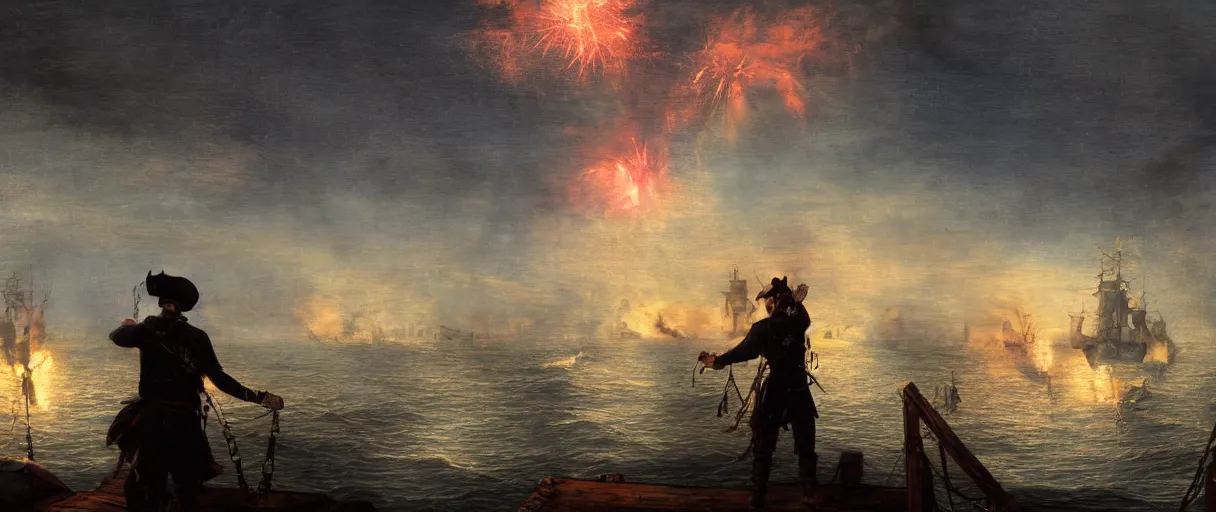 Prompt: a pirate standing on his ship, watching big explosions on the sea, beautiful atmosphere, haze