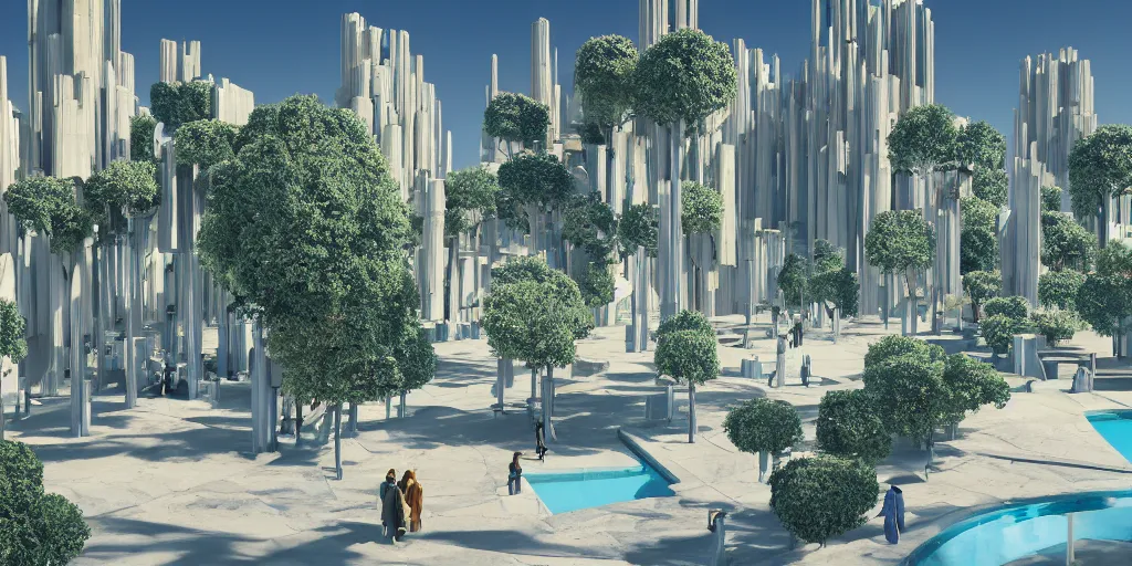 Image similar to geometric hanging garden based on the design of versailles in a megacity made of travertine brutalist temples, group of monks in blue robes wandering in the garden, large aluminum space elevators in the distance, sci-fi, blue sky with clouds, optimistic matte painting, concept art, style by syd mead, 8k, octane render