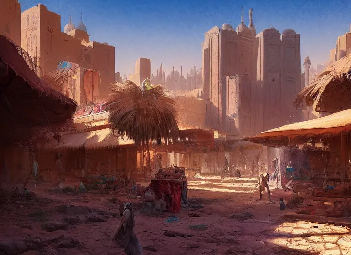 Image similar to Trader's City Kvar. Middle eastern buildings in the desert. Oasis. Colorful tapestries. a fantasy digital painting by Greg Rutkowski and James Gurney, trending on Artstation, highly detailed