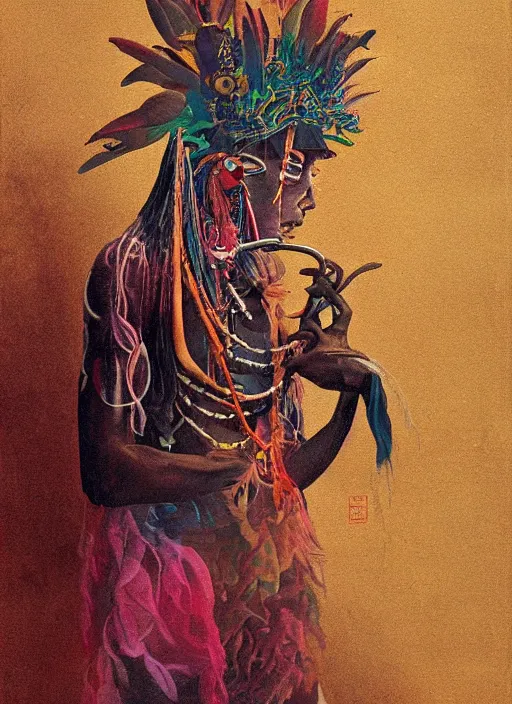 Prompt: a surreal painting of a shaman, by Shimoda, Hikari, voodoo, symbolist, soft colors, dramatic lighting, smooth, sharp focus, extremely detailed, aesthetically pleasing composition