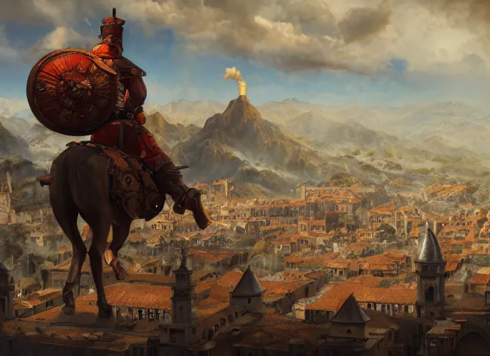 Image similar to 1 5 th century spanish conquer francisco pizarro with a inca city in his back, game character concept art, wide view, high detailed, full perfect, symmetrical portrait, high detail, by craig mullins, peter mohrbacher, unreal engine, octane rendered, 8 k, dark beauty, trending on artstation