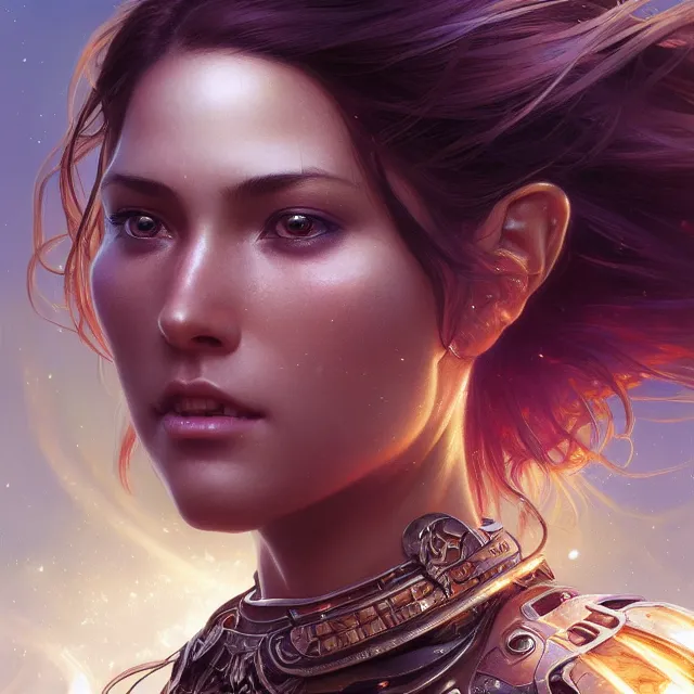 Prompt: close up portrait of a beautiful fantasy female warrior, shiny, glowing hair, subsurface scattering, artistic, magical background with light rays, fantasy atmosphere. art by artgerm, greg rutkowski and alphonse mucha, highly detailed, intricate, lifelike. sci - fi, fantasy, magical, octane render,