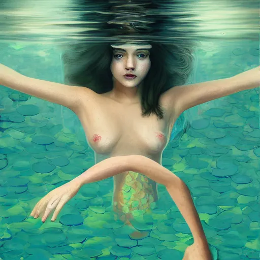 Image similar to A woman submerged underwater, you can see her face from an aerial view with lily pads surrounding her, artistic digital art, very opaque, gloomy style, oil paints and pastel highlights, trending on artstation, artstationHD, artstationHQ, 4k, 8k