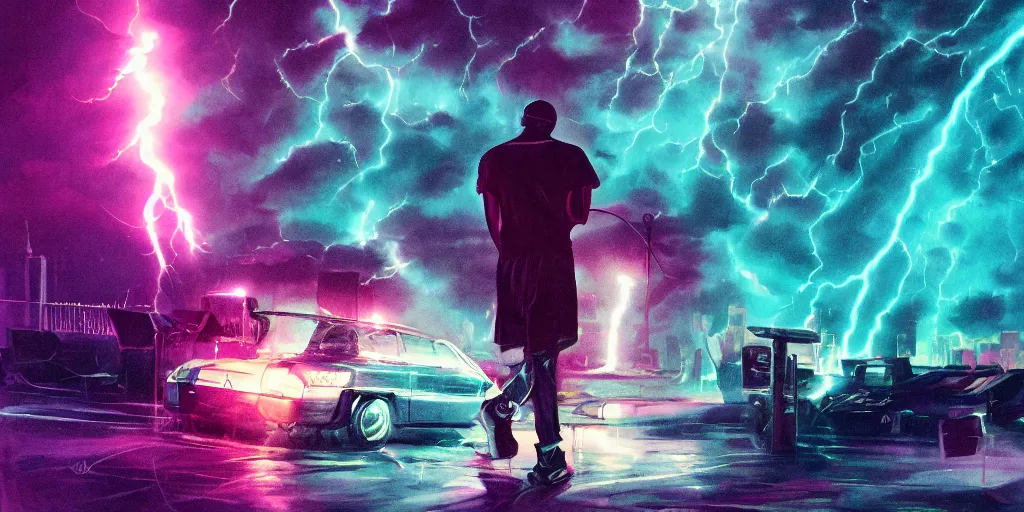 Image similar to Lightning storm while rapper performs on stage, digital art, vapor wave, hip hop, blade runner, trending on Artstation, professional artist, detailed, 4k