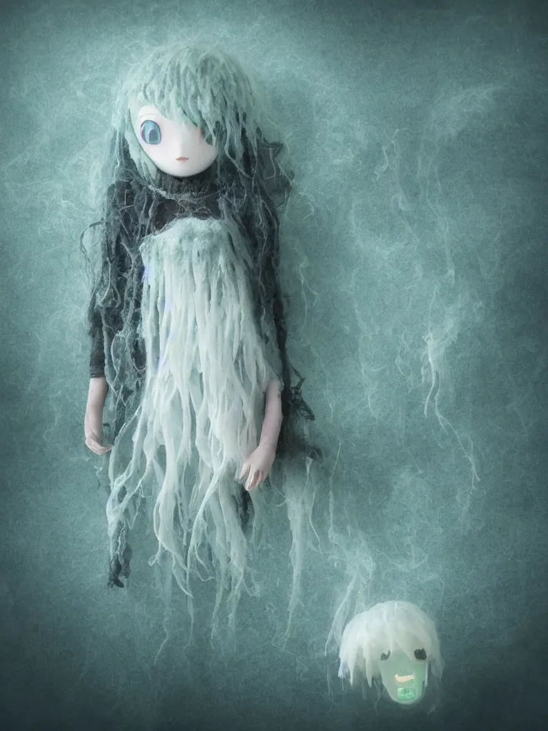 Image similar to cute fumo plush smiling ectoplasmic jellyfish ghost girl lingering in deep fog over mysterious waters, patchwork doll chibi gothic maiden in tattered melting rags, glowing wisps of hazy green smoke and eerie blue volumetric fog swirling about, moonlight, glowing lens flare, black and white, vray