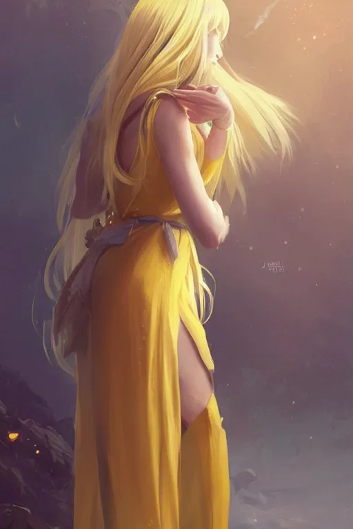 Prompt: girl wizard with long yellow hair wearing a dress, video game character art, by artgerm, by jeremy lipking, by makoto shinkai, digital art, fantasy art, octane render, drawing, beautiful girl