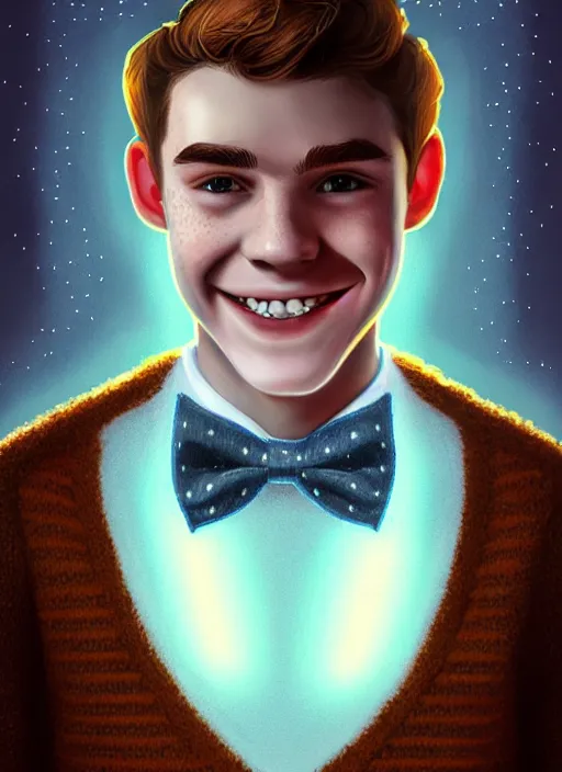 Image similar to portrait of teenage archie andrews, freckles, curly middle part haircut, curly hair, middle part hairstyle, smiling kindly, wearing a bowtie and sweater vest, intricate, elegant, glowing lights, highly detailed, digital painting, artstation, concept art, smooth, sharp focus, illustration, art by wlop, mars ravelo and greg rutkowski