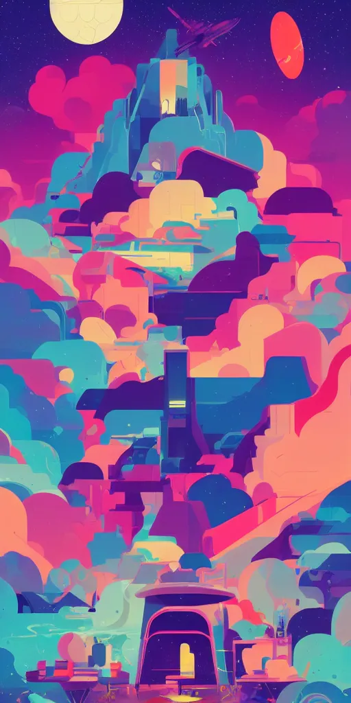 Prompt: colorful space, tom whalen, james gilleard, liam brazier, tristan eaton