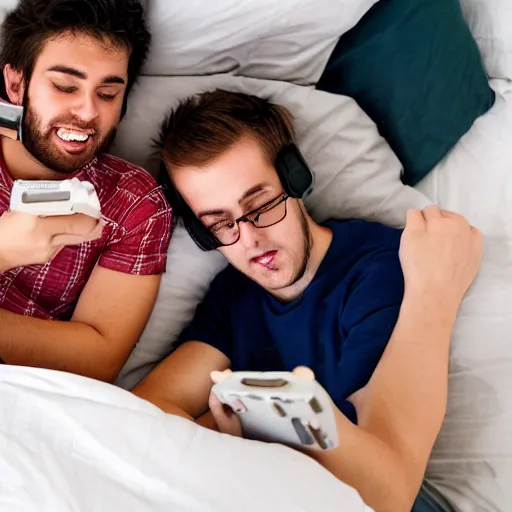 Prompt: two guys laying in bed playing games on there smartphones