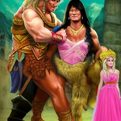 Prompt: vladimir putin as conan the barbarian holding donald trump as a princess wearing a pink dress. realistic.